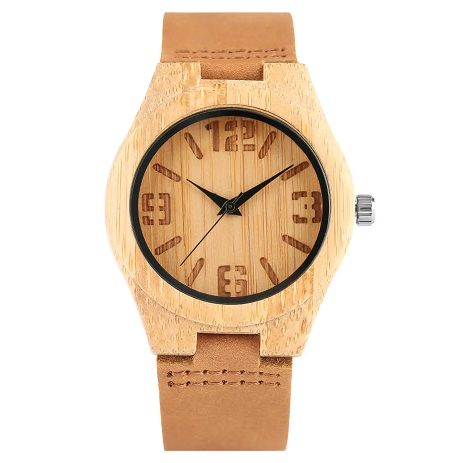 Trendy Minimalist Hot Clock Genuine Leather Band Strap Nature Wood Modern Women Simple Bamboo Handmade Quartz WristWatch (3)
