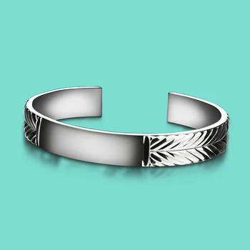 

OL Style Lady 925 Sterling Silver Bracelet Feather Pattern Design Smooth Bracelet Solid Silver Open Bangle Adjustable Size