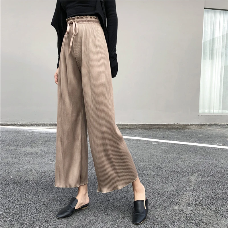

2019 Streetwear Pleated Pants Women Elastic High Waist Wide Leg Pants korean Spring Summer trousers women Pantalone Femme