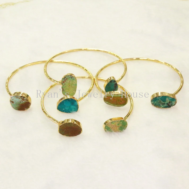 

HanKun Gold Color Edged Freedom Shape Natural Turquoises Stone Bangle