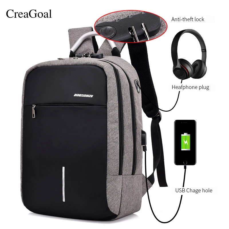 Fashion USB Charge Anti Theft Backpack for Men 15 inch Laptop Mens