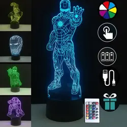 3D иллюзия ночные огни Железный человек Супергерой маска человек светодио дный-паук светодиодный ночник сенсорный 7 цветов настольные