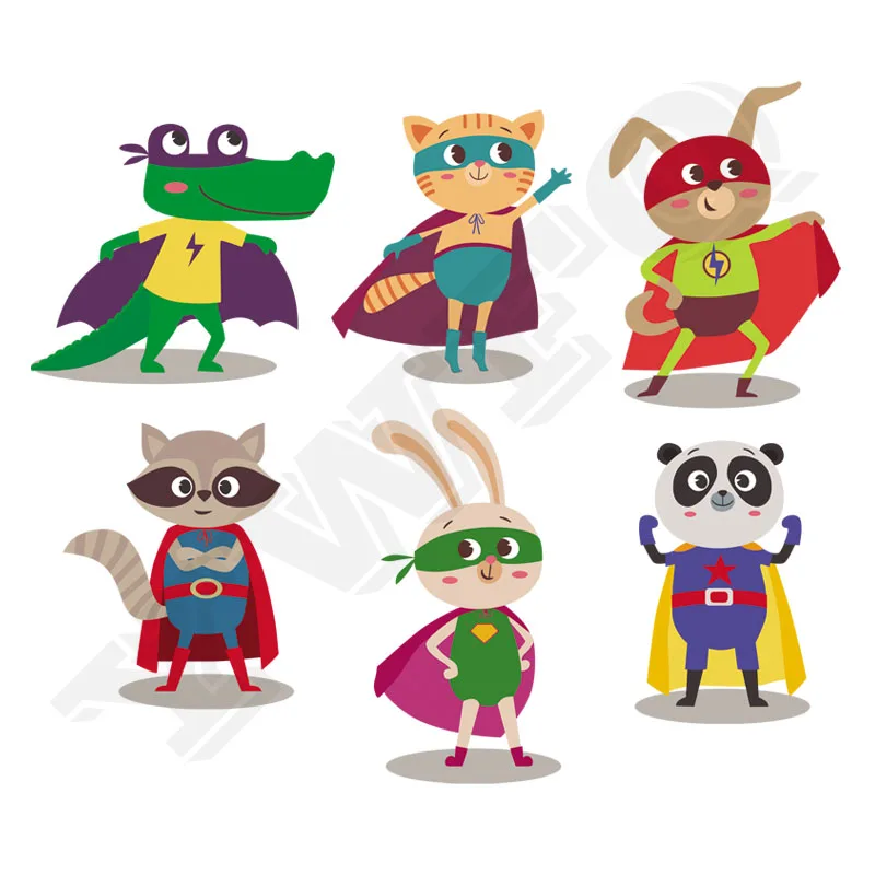 

6pcs/set Animal Super Hero Heat Transfers Washable Ironing Stickers Badges Tiger Appliques Crocodile Patches For Children Gift