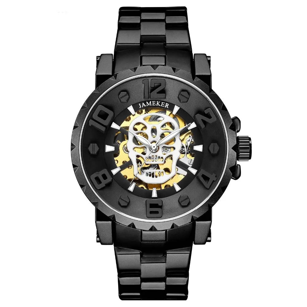 

JAMEKER Men Wristwatch Golden Skeleton Clock Mechanical Male Wrist Watch Skull literal Relogio Masculino