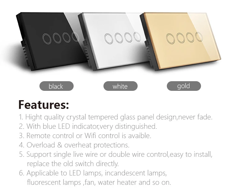 1000w 4 Gang 1 Way Us Au Standard Touch Switch Huangxing