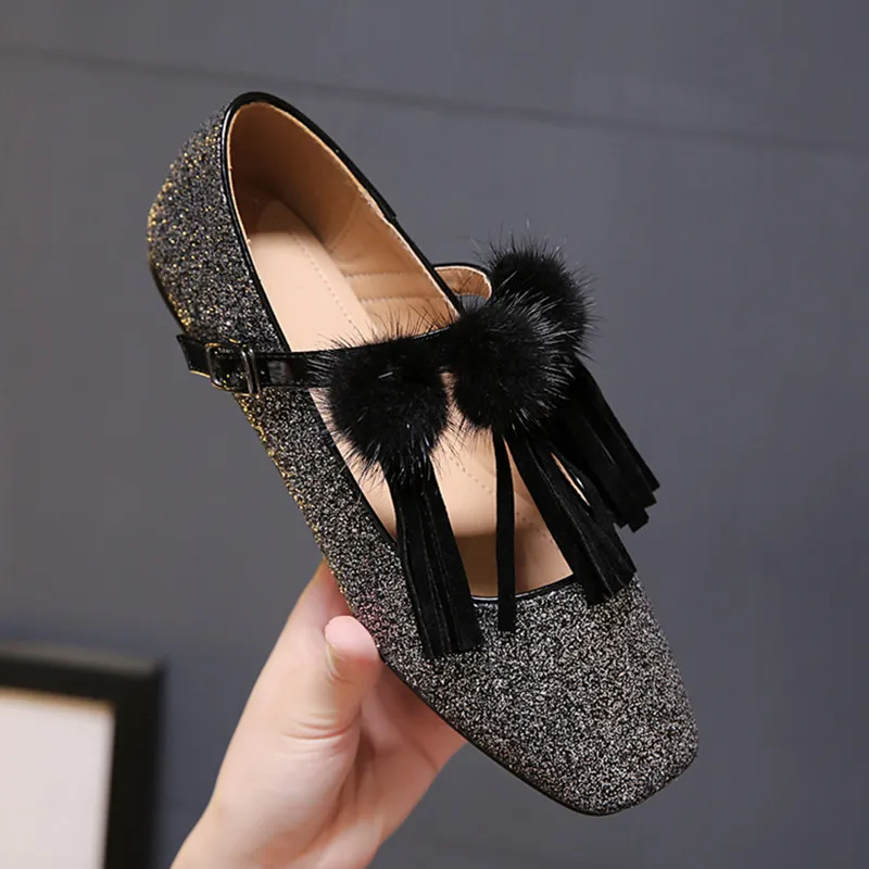 

Square Toe Bling Fabric flat Shallow Basic Rubber Sequined Cloth Casual 2019 Buckle Strap new PU Fringe women autumn shoes