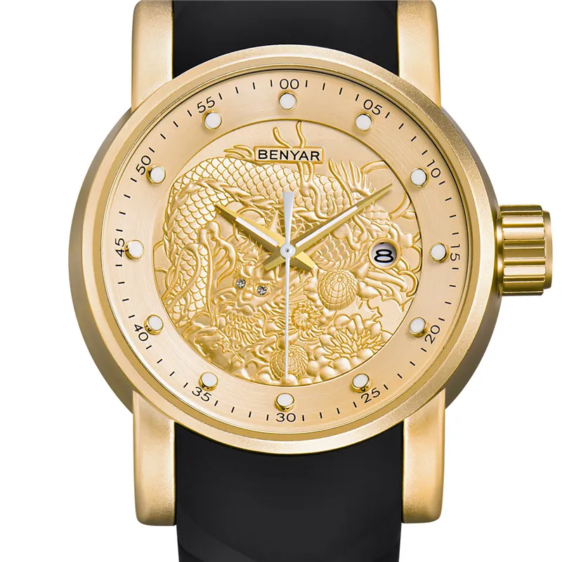 

Men Watch BENYAR Top Luxury Brand Men's Quartz Watch China Year of the Dragon Dial Waterproof Silicone Strap Men's Watch relogio