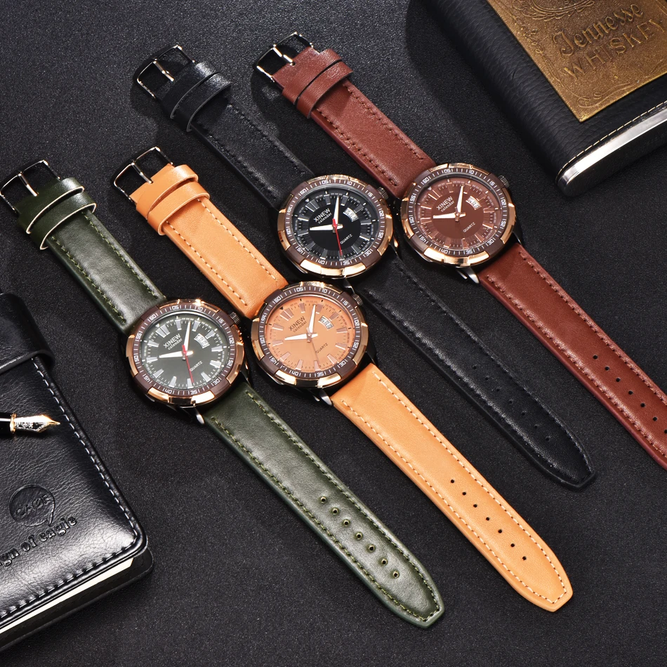 XINEW модные дизайнерские мужские деловые часы с кожаным ремешком, календарь, кварцевые повседневные наручные часы, черный коричневый хаки, армейский зеленый