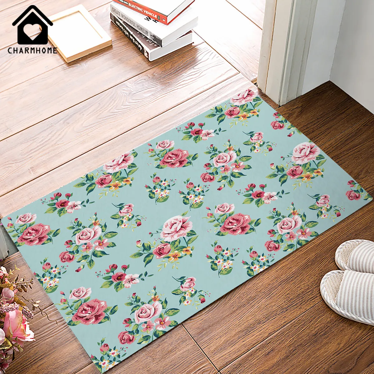 

CHARMHOME Living Room Doormat Pink Rose Flower with Leaves Kitchen Carpet Floor Stairs Area Non-slip Rugs Floral Entryway Mat