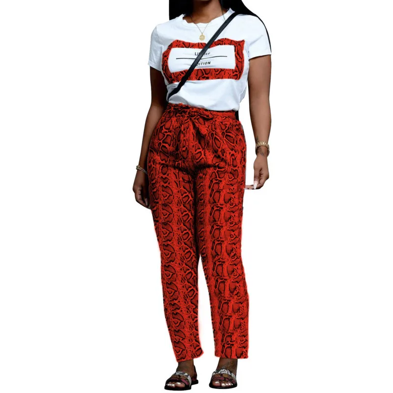 

Two Piece Set Top And Pants Women Tracksuit Short Sleeve Snake Skin Printed T Shirt + Pants Sets Lady Casual Suits Club Outfits
