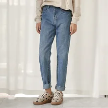 Повседневные Осенние большие размеры отбеленные винтажные стиль до середины талии, свободные прямые джинсы бойфренда длиной до щиколотки для женщин уличная одежда