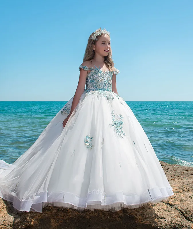 Luxury New Flower Girls Dresses for Wedding Ball Gown Pearls Beaded Appliques Girls Long Communion Dress Pageant Gown Size 2-16Y Luxury New Flower Girls Dresses for Wedding Ball Gown Pearls Beaded Appliques Girls Long Communion Dress Pageant Gown Size 2-16Y