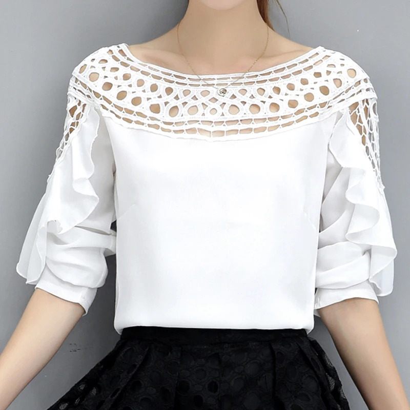 

White Lace Blouse Womens Tops And Blouses Long Sleeve Shirt O-Neck Ruffle Chiffon Slim Ladies Tops Hollow Out Korean Plus Size