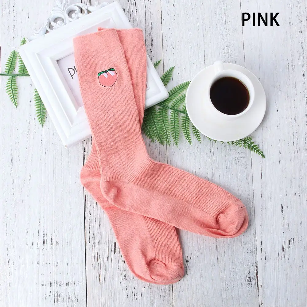 Хлопок, милые носки с фруктовым принтом женские носки Meias Ретро Вышивка, Длинные цветные забавные Женские носочки, разноцветные чулки для девочек - Цвет: Pink Sock
