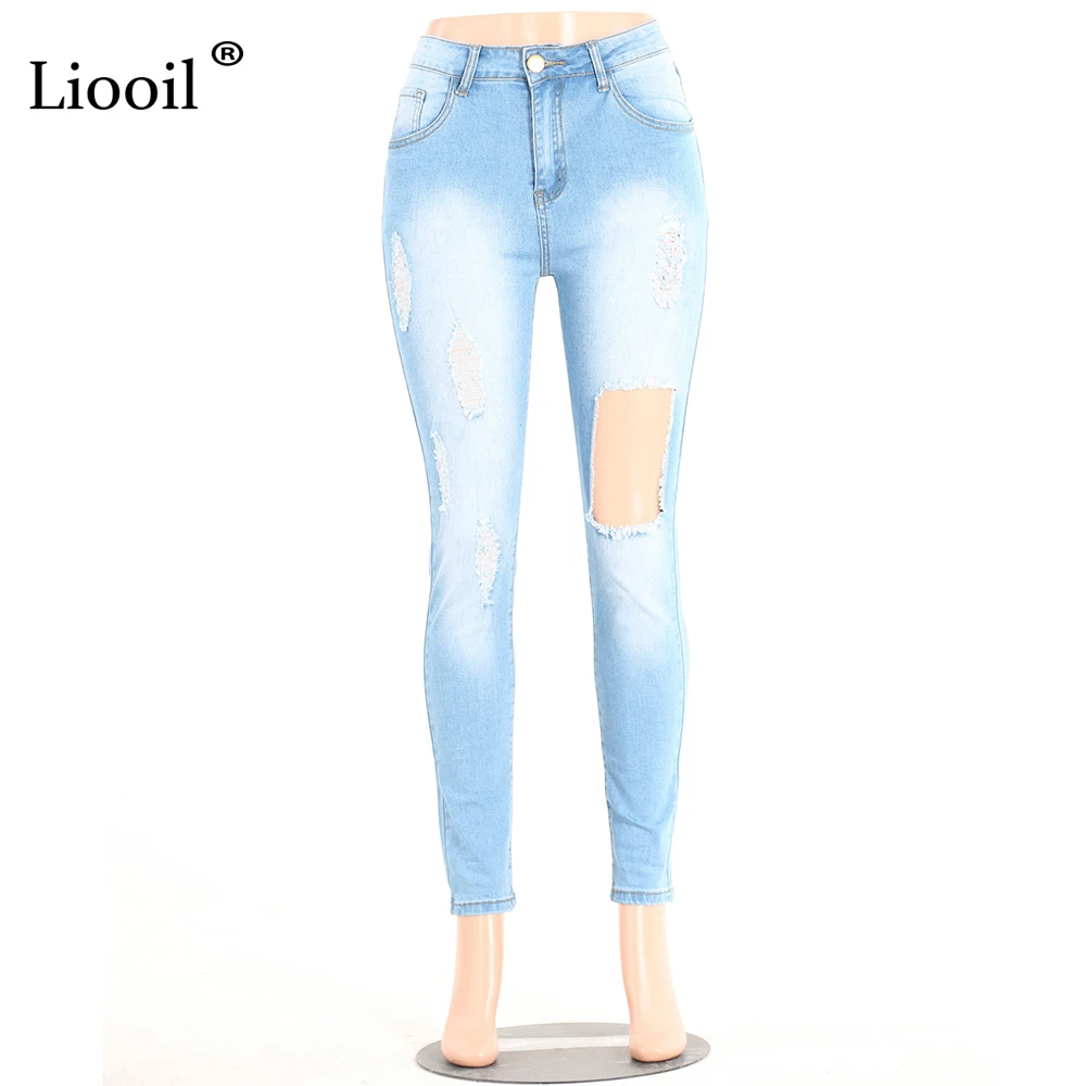 Liooil женские джинсы длинные брюки весенние Модные Винтажные средней талии отбеленные карманы с дырками на молнии вымытые тонкие рваные джинсы брюки