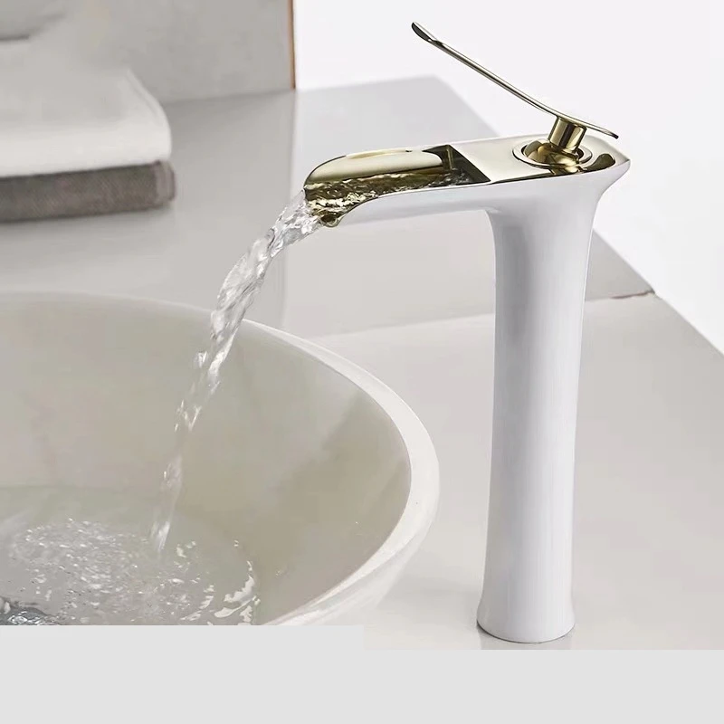 1pcs New Electroplated Basin Faucets Bathroom Tap Basin Mixer White Sink Faucet Tap Single-hole Waterfall Faucet Brass Mixer