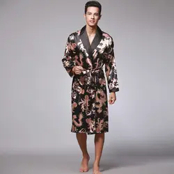 Мужской шелковый халат с принтом дракона, осенняя мужская атласная одежда для сна, атласная пижама, длинное кимоно халат, большие размеры 3XL