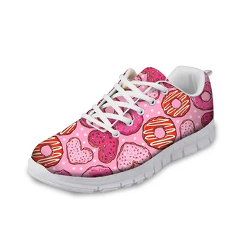 

NOISYDESIGNS Pink Autumn Women Flat Shoes 3D Donuts Printed Lace-up Casual Shoes flat Lace-up Leisure Shoes for Ladies Teenage