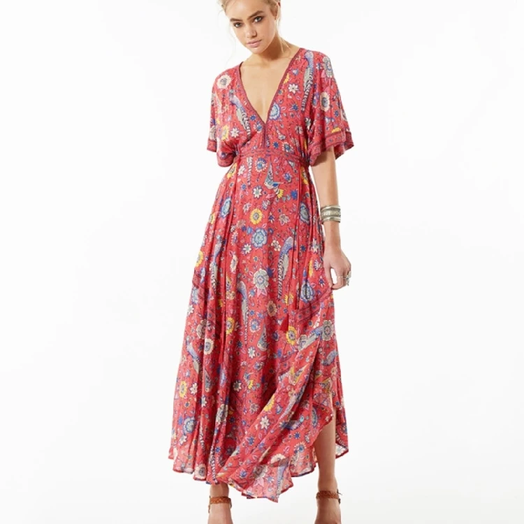  Vestido Long Flower Dress Retro Bohemian Maxi Dress Sexy Ethnic Deep V-neck Floral Print Beach Dresses Boho Hippie Robe (7)