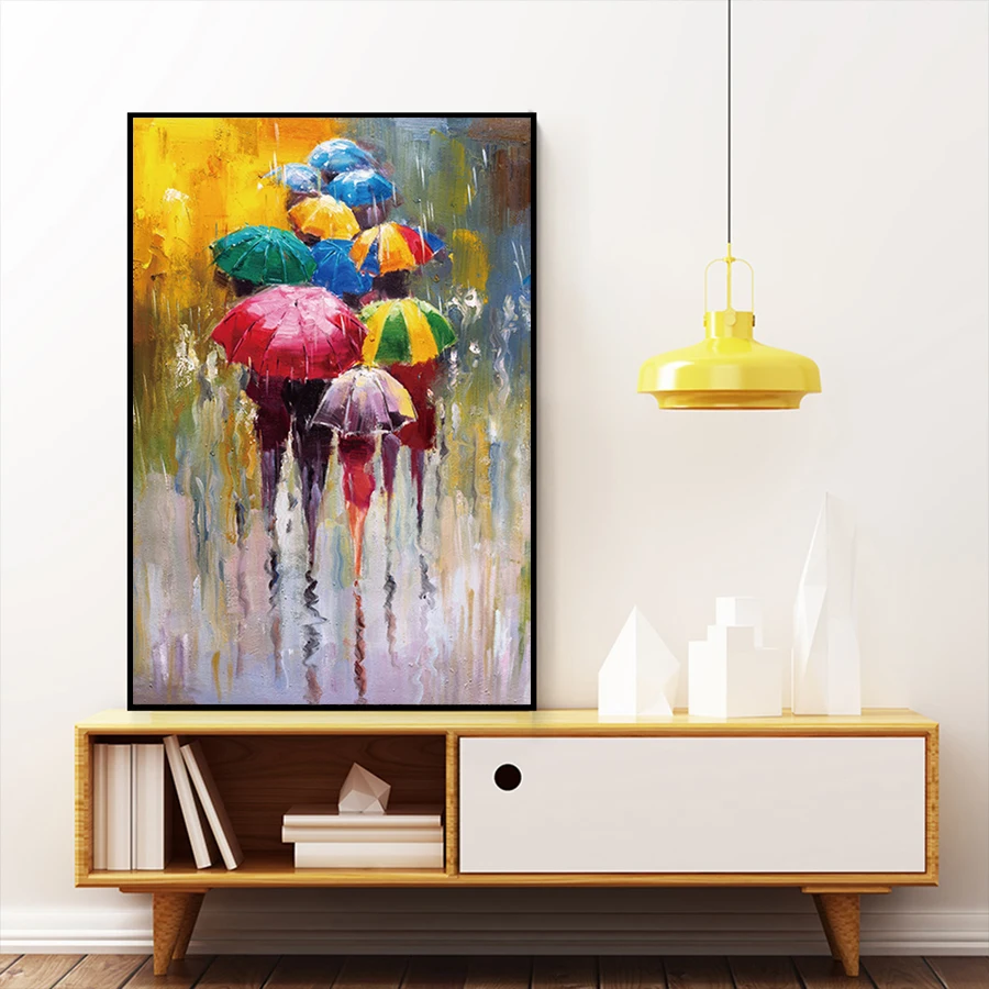 

Abstract Oil Painting Rainy Day and Rainbow Umbrellas Canvas Painting Wall Posters And Prints Wall Art Picture Living Room Decor