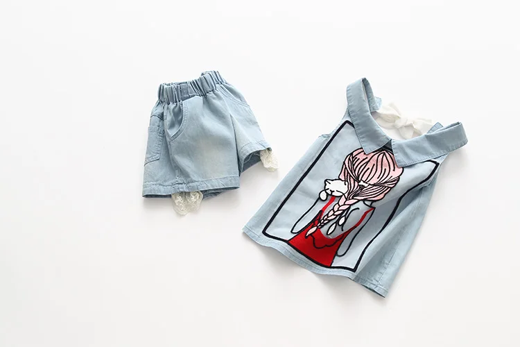 Girls Clothes 2018 Summer Casual 2-10 Years Old Kids Little Baby Cartoon Girl T Shirt+Shorts 2 Piece Lace Denim Blue Suit Set (16)