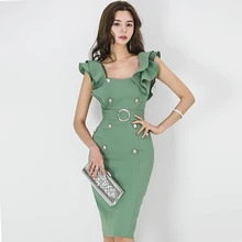 Летнее двубортное зеленое платье-карандаш с оборками, Сексуальные облегающие вечерние платья до колен