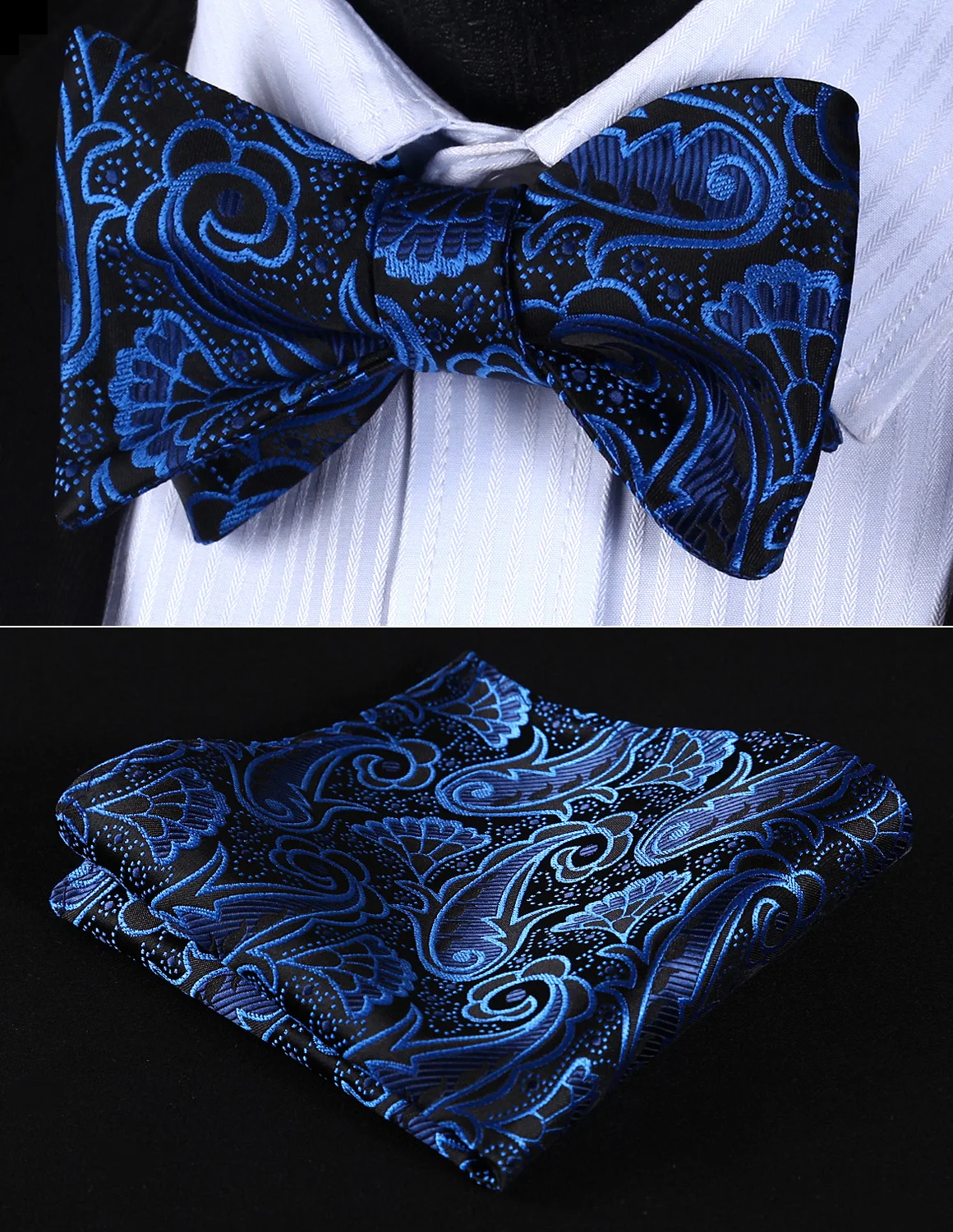 

Pocket Square BP819BS Blue Black Paisley Bowtie Men Silk Self Bow Tie handkerchief set Wedding