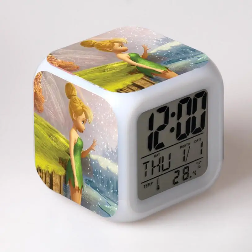 Princess Tinkerbell Action Figures LED 7 Colors Change Touch Light Alarm Desk Watch Boys Girls Toys