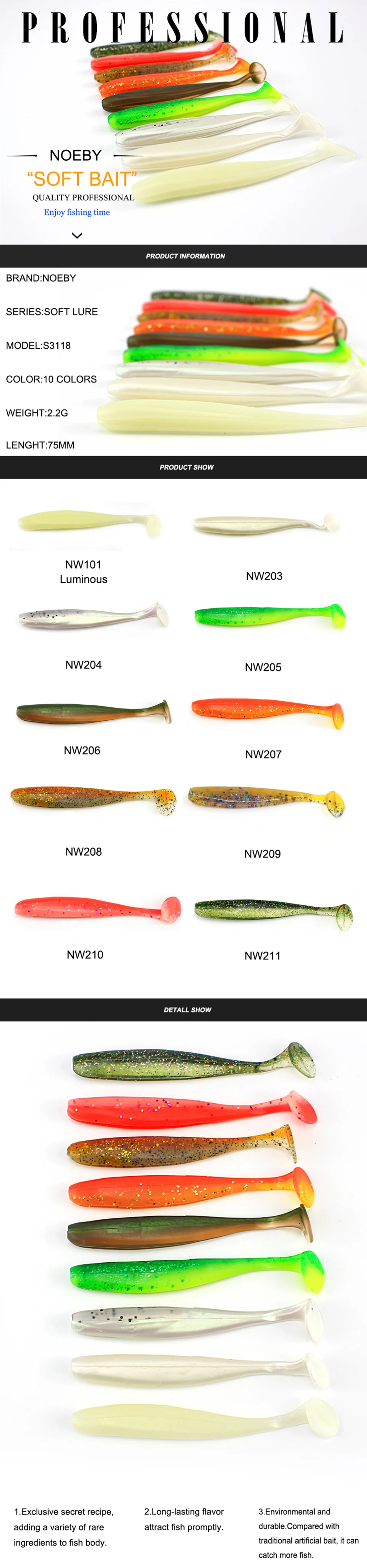 NOEBY 6 шт./лот Мягкая приманка 75 мм/2,2 г T-Tail Swimbait ручная мягкая рыболовная приманка Shad ручные силиконовые снасти для ловли окуня