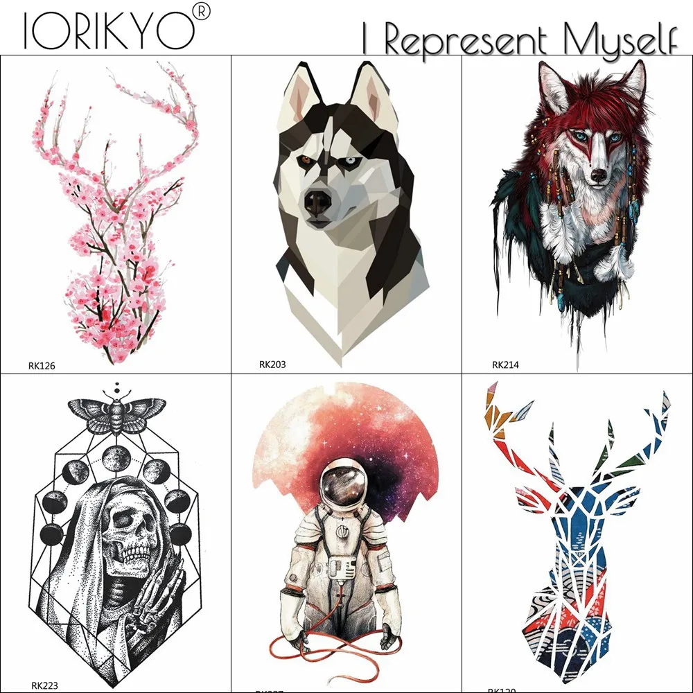 

IORIKYO Watercolor Moose Deer Temporary Tattoo Stickers Men Fashion Husky DIY Waterproof Tatoos Women Arm Wolf Flash Tattoo Moth