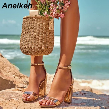 

Aneikeh 2019 Fashion PU Women Sandals Solid Summer Buckle Strap Round Toe Square High Heels Cover Heel Champagne Shallow Size 42