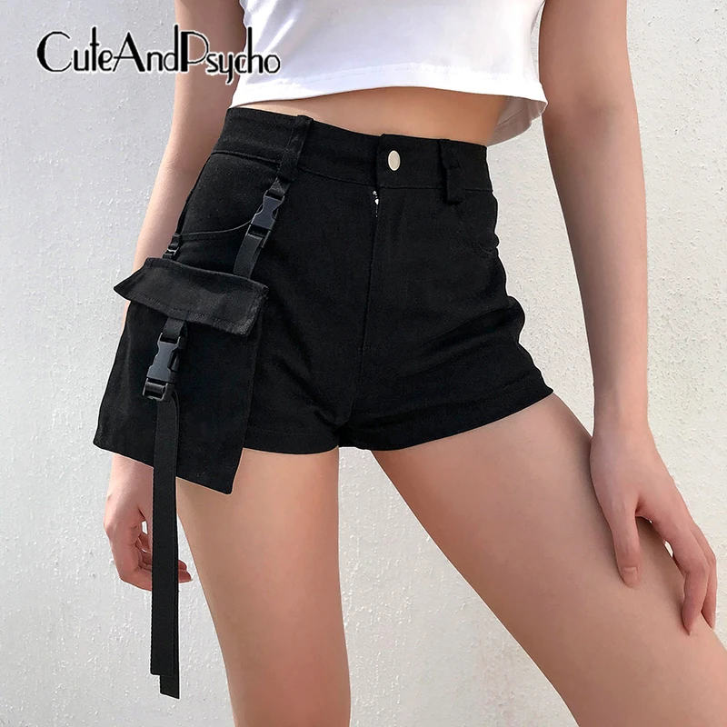 

2019 Cargo Pockets Harajuku Bodycon Shorts Women High Waist Sweatpants Black Skinny Short Pants Summer Streetwear Cuteandpsycho
