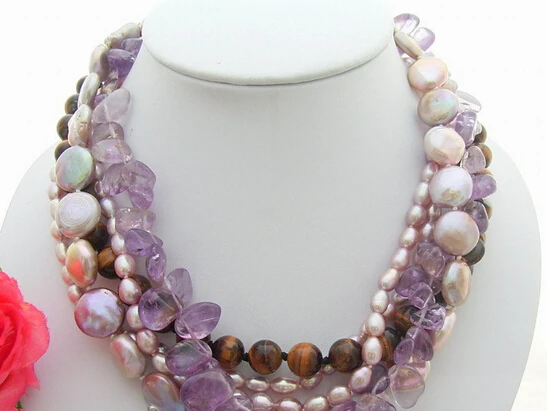 

huij 003518 6Strds Pearl&Tiger's Eyes&Amethyst Necklace
