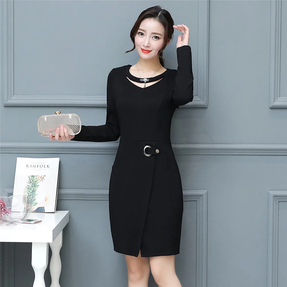 Plus Size 4XL Women Autumn Dresses Long Sleeves Split Black Vestido de ...