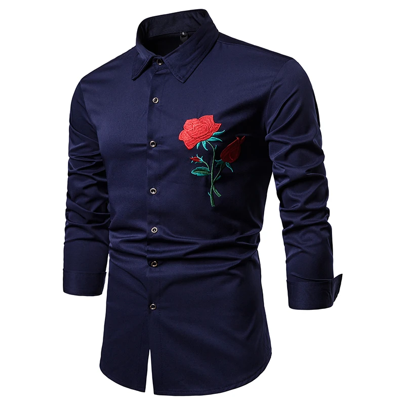 2019 Весна Для мужчин рубашки Slim Fit Мода длинным рукавом Цветочная вышивка рубашка модная мужская одежда Для Мужчин's Повседневное красивые