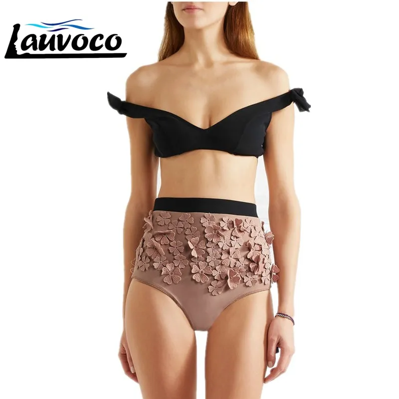 

2018 Summer Handmade Flower High Waist Bikini Set Swimsuit Off shoulder Bandeau Swimwear Bowknot Straps Bathing Suit Beachwear