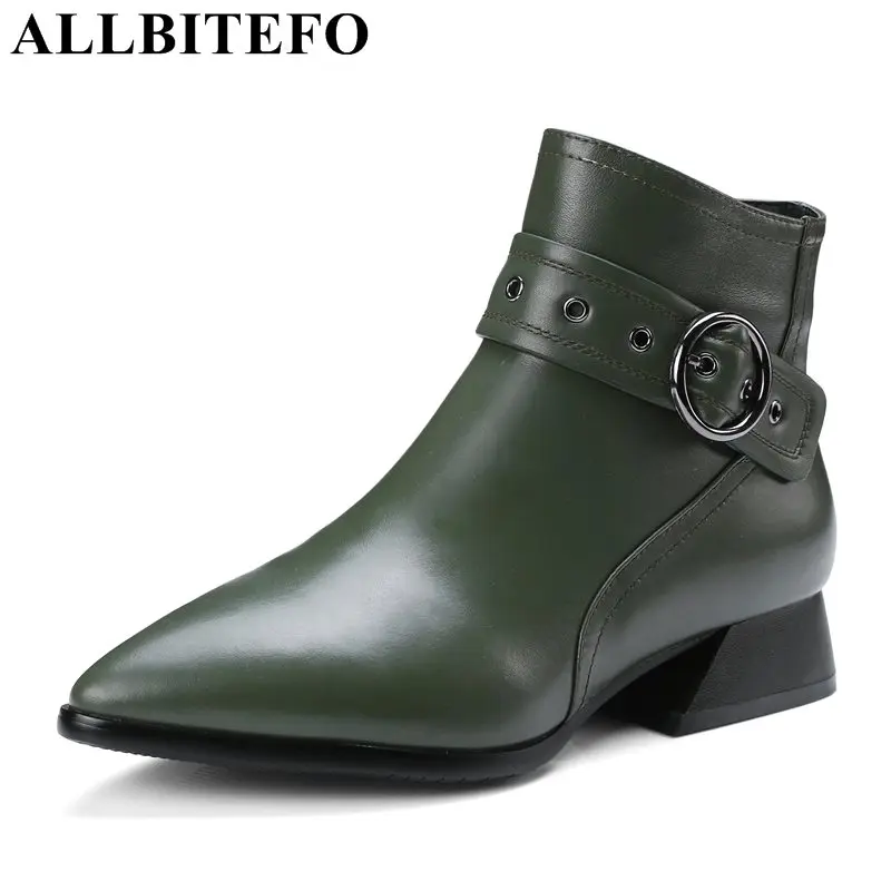 

ALLBITEFO genuine leather pointed toe thick heel women boots fashion buckle low-heeled martin boots girls boots size:34-42
