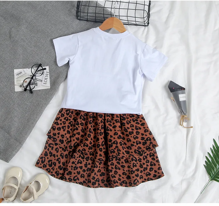 Fashion Children Clothing Set For Girls Clothes 2019 Summer Letter Tshirts Tops Leopard Chiffon Skirt 2Pcs Casual Kids Suit 3-9Y (16)