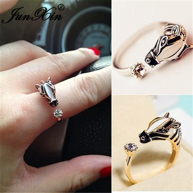 

JUNXIN Cute Zebra Rings For Women Men 925 Silver Gold Filled Inlay White Crystal Horse Open Ring Female Male Daily Party Jewelry