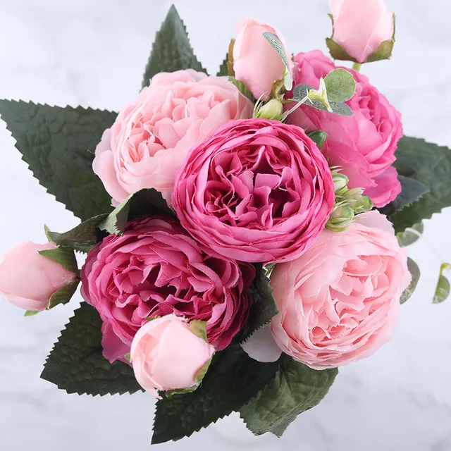 30cm Rose Pink Silk Peony Artificial Flowers Bouquet 5 Big Head and 4 Bud Cheap Fake Flowers for Home Wedding Decoration indoor 4