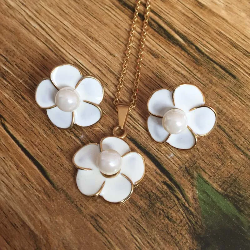 

Gold Tone Jewelry Fashion Rose Flower Earrings Pendant Stainless Steel Jewelry Set Top quality With rolo Chain gifts