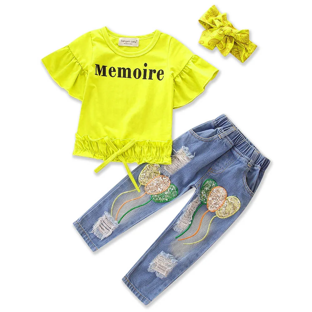 

High Quality 3pcs Kids Suit Outfits Yellow T-shirt+Ripped Jeans+headband Girls Clothes Summer Fashion baby cowboy Clothing Set