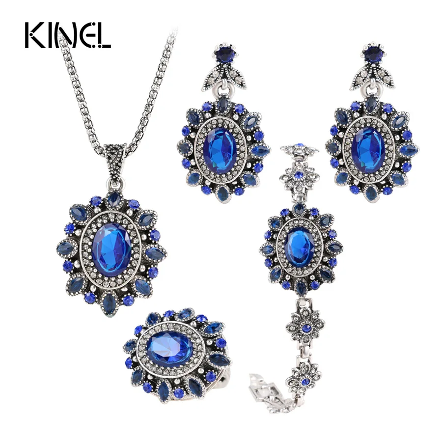 4Pcs Retro Look Sapphire Jewelry Sets Plating Silver Sunflower Crystal Necklace Ring Bracelet Earring For Bridal Jewelry Sets