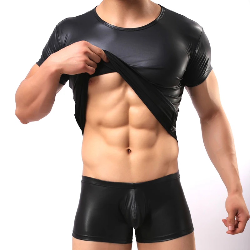 

PU Leather T Shirts Men Sexy Fitness O-Neck Tops Gay Boxers Mens stage Tshirt Casual Clothes Briefs&tees Tight Top Sets Suit