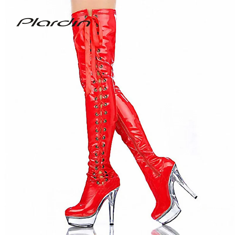

Plardin Plus Size :35-46 PU Sexy Transparent 15CM High Heels 5CM Platform Concise knee-high Nightclub Dance Party Boots