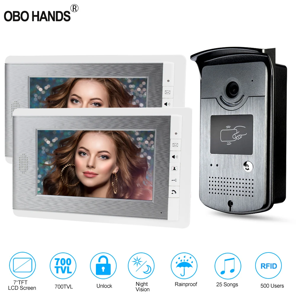 

7'' TFT Color RFID Video Door Phone Intercom Doorbell Access Entry System for home with 2 Monitors Night Vision Camera 500 Users