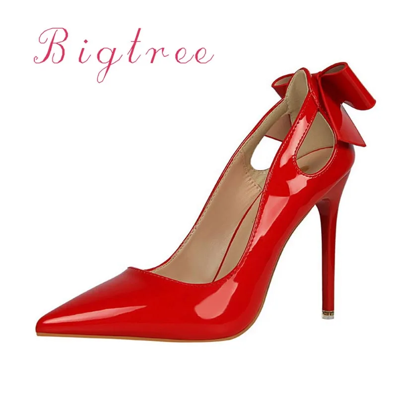 

Summer Pointed Toe 10CM Patent Leather High Thin Heels Sexy Black Hollow Bowknot Shoes Woman Party Office Pink White Pumps