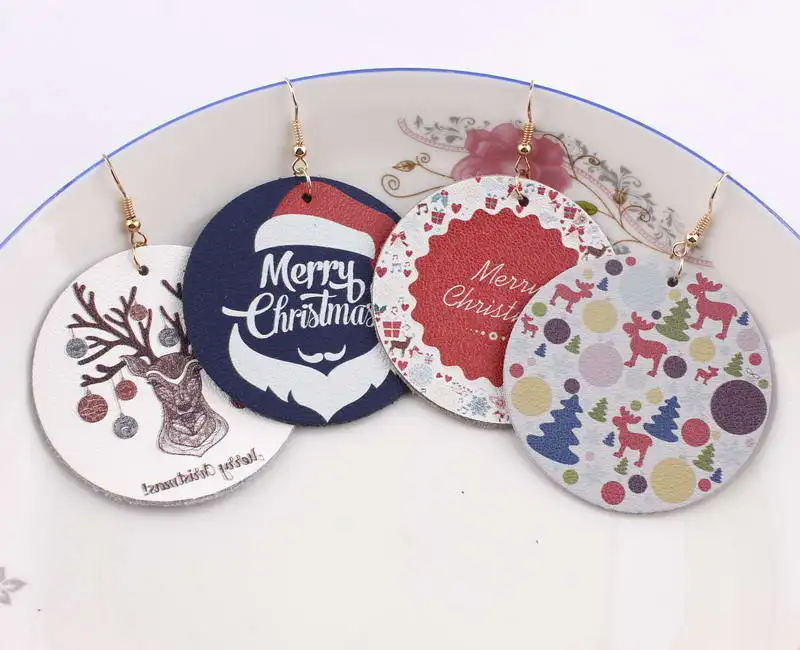 

2018 New Christmas Gift Santa Claus Printed Round Genuine Leather Drop Earrings for Fashion Women Girl Boho Earrings Jewelry