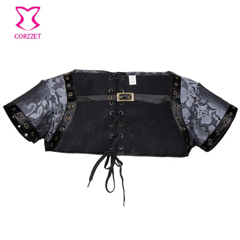 Fashion Silver Brocade Faux Leather Short Sleeves Gothic font b Jacket b font Steampunk Corset Accessories