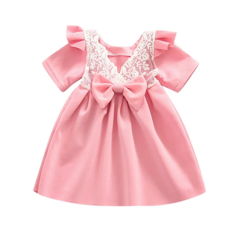 

Summer Costume Baby Children Dresses Kids Girls Casual Short Sleeve Lace Bowknot Design Dress